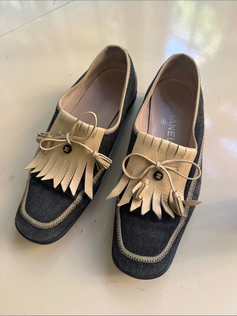 CHANEL Denim and Beige Leather Fringe Kiltie Loafers